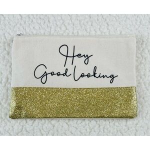 (NWT) Gold/Off-White Canvas and Glitter “Hey Good Looking” Cosmetic Bag